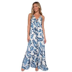 Lovestitch Zoë Tiered Long Maxi Dress Tropical Blue Leaf Print Boho Breezy Sz M
